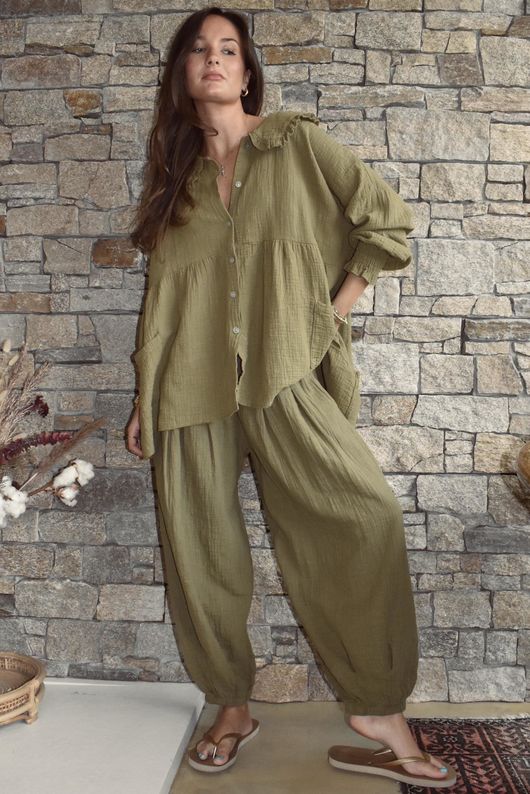 Annie Cushion Cotton Cuff Barrel Pant Deep Olive